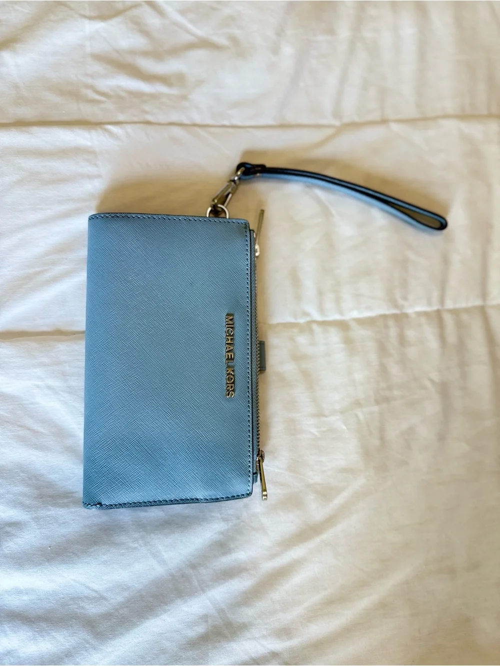 Michael Kors Light Blue Wristlet Clutch with Gold Logo